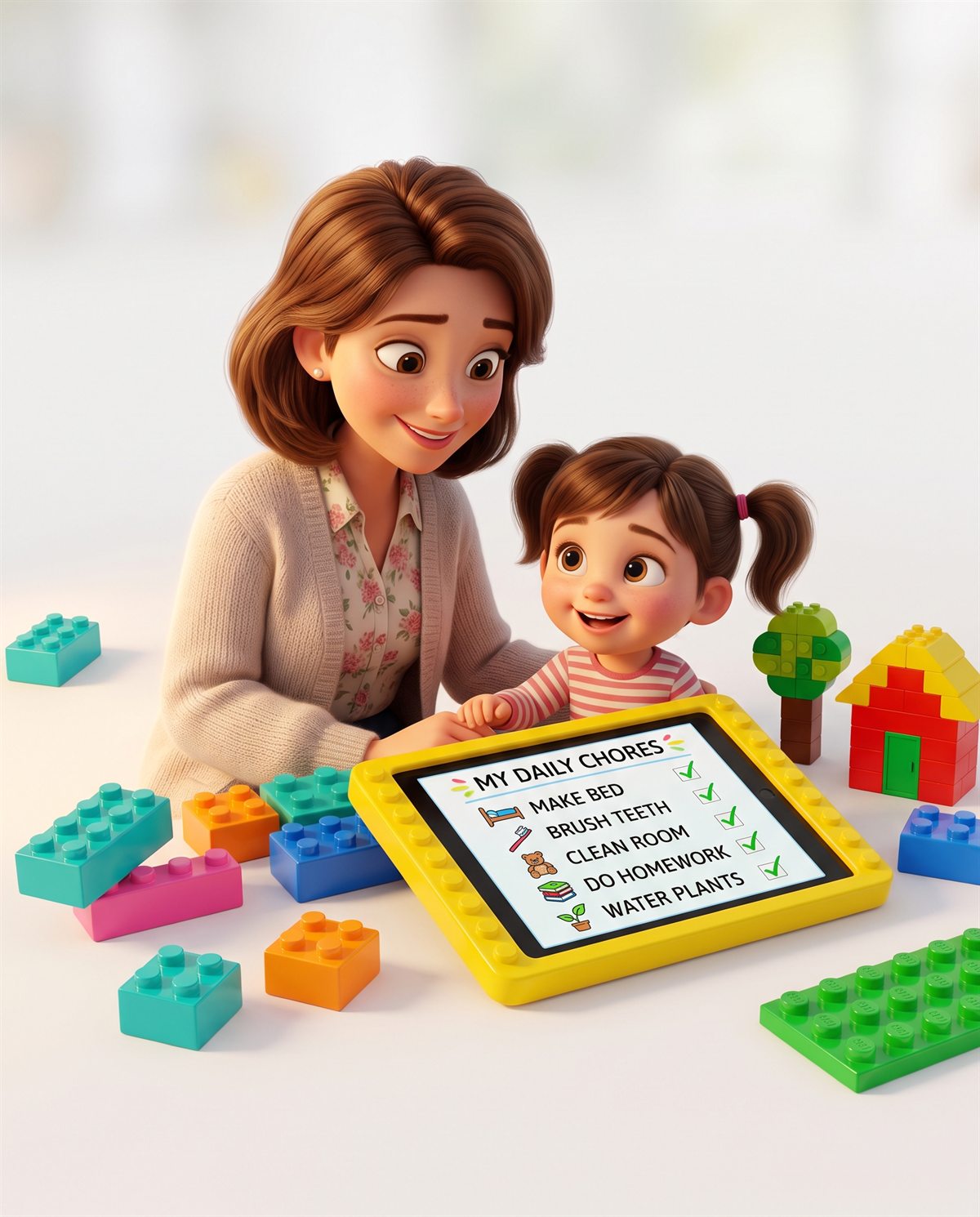 Uma mãe e sua filha olhando juntas um tablet com a lista de tarefas do dia, cercadas por blocos de montar coloridos.