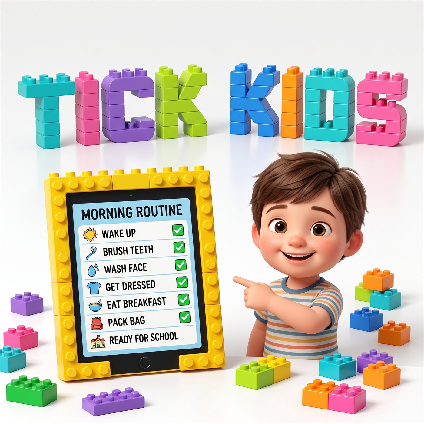 Tick Kids: letras de bloco coloridas e um tablet mostrando a rotina da manhã de uma criança, com um menino animado apontando as tarefas concluídas.